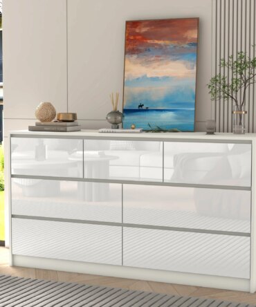 7 Drawer Dresser for Bedroom, 55 Inch Modern Dresser with High Gloss Drawers, Large Wood Chest of Drawer, White/Black