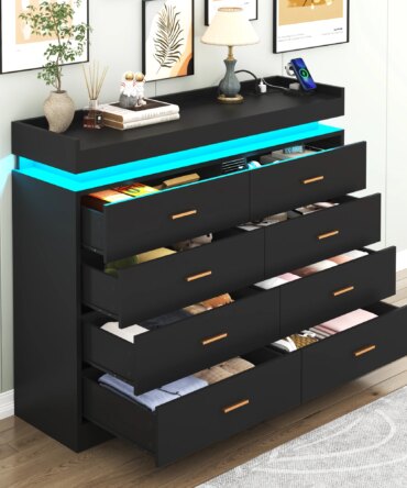 8 Drawer Dresser with LED Light, Modern Chest of Drawers for Closet, 47" Wide Drawer Organizer Cabinet for Bedroom, Living Room