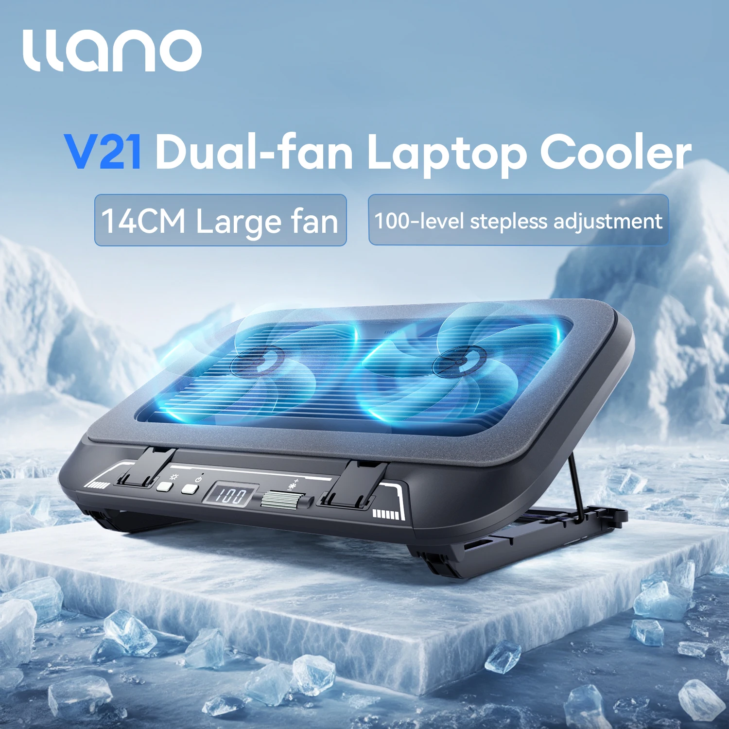 Llano V21 14cm Dual Fans Laptop Cooler 14"-17.3" Lighting Adjustable Foldable Laptop Cooler Pad Cooler Pad LED Light Fan
