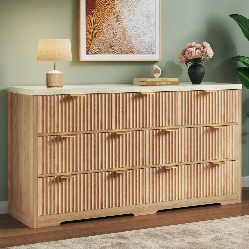 Fluted Dresser for Bedroom with 7 Drawers, 53'' Modern Dressers with Faux Marble Top, Mid Century Chests of Drawers with Gold Ha