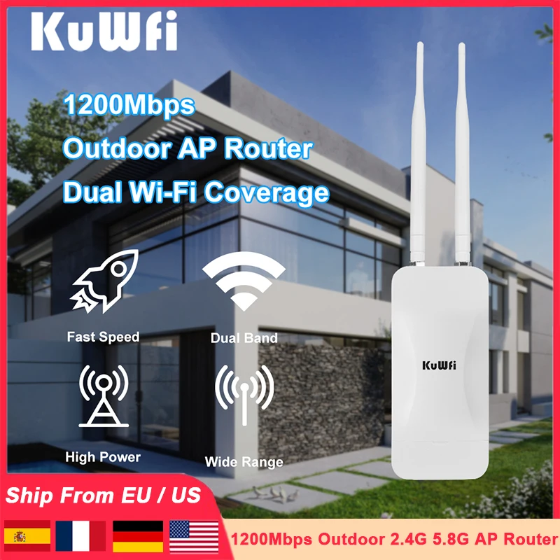 KuWFi 1200Mbps Outdoor AP Repeater Router 2.4G 5.8G Dual Band WiFi Signal Detachable Antenna 24V POE WAN LAN IP65 Waterproof