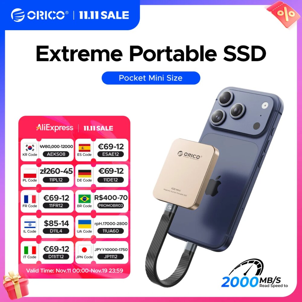 ORICO K20Mini Magnetic External SSD for iPhone 17 16 Pro/Max ProRes 2000MB/s 4K ProRes HDR Record and Store Portable Solid State