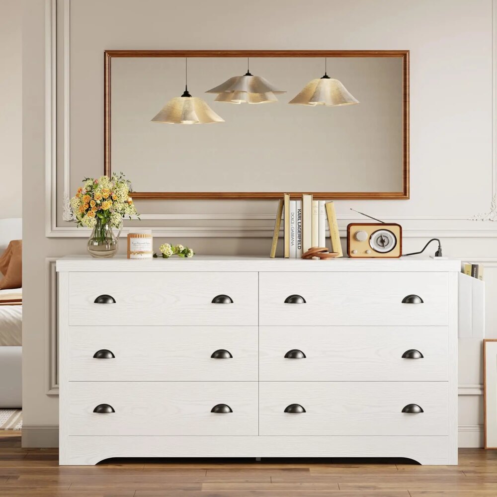 LIKIMIO Dresser for Bedroom 6 Drawer with Charging Station, 59 Inches White, TV Stand Storage Chest of Drawers for Living Room