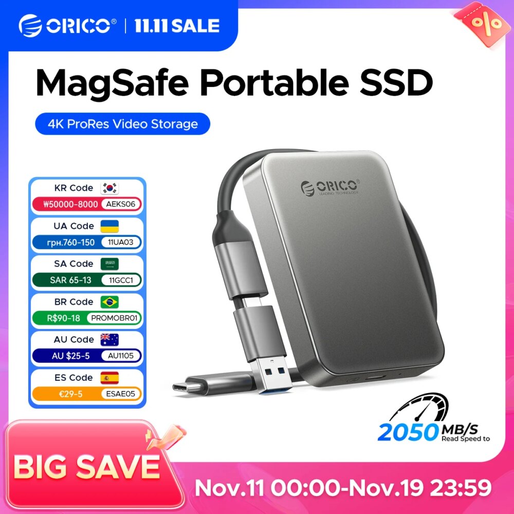 ORICO Magnetic External SSD for iPhone 16 15 Pro/Max ProRes 4K ProRes HDR Record and Store 2000MB/s Portable Solid State Drive