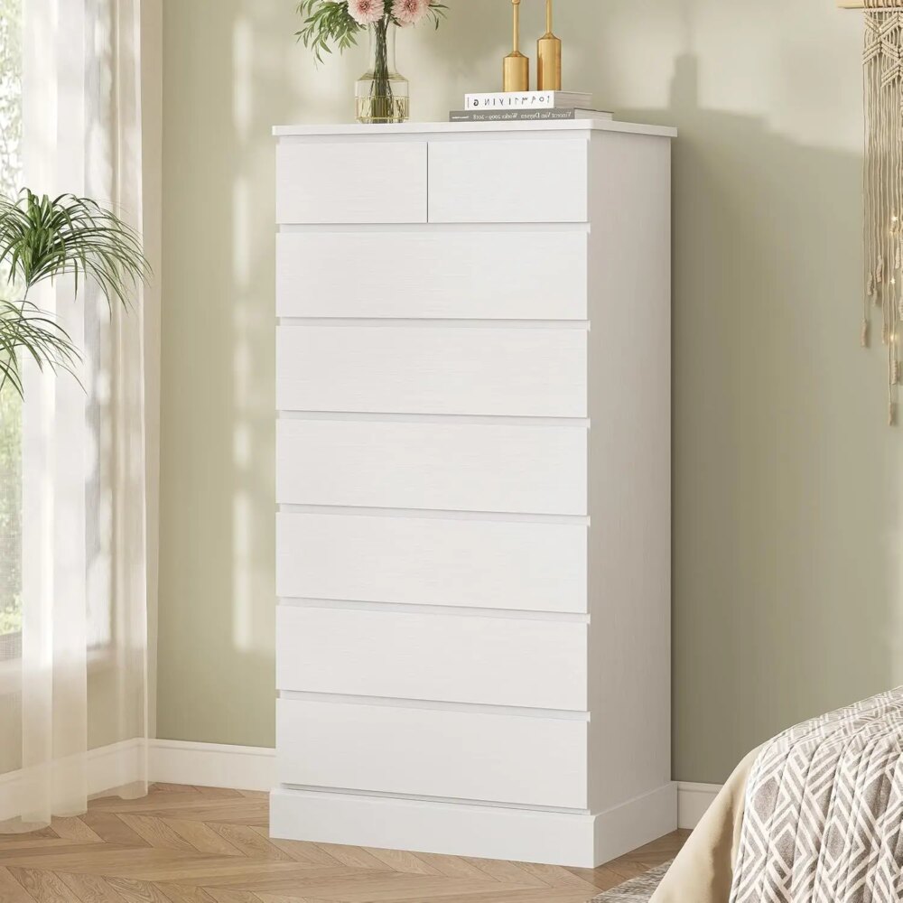 White Tall Dresser for Bedroom,59.6'' High 8 Drawer Dresser, Modern Chest of Drawers Storage Organizer for Closet, Storage Tower