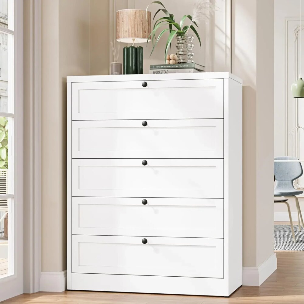 5-Drawer Dresser for Bedroom, Metal Chest of Drawers Tall White Closet Organizers and Storage Clothes, Accent Storage Cabinet