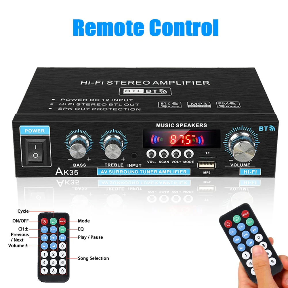 AK35 Bluetooth-compatible HiFi Stereo Audio Power Amplifier with USB TF RCA AUX In + Remote