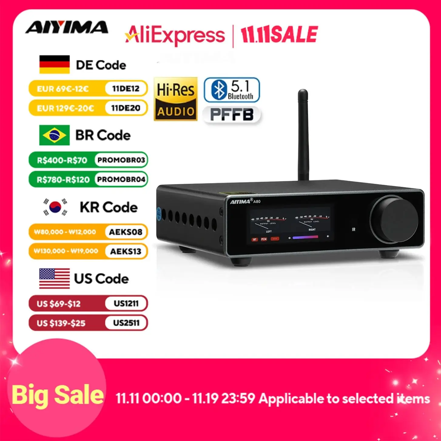AIYIMA A80 TPA3255 DAC Bluetooth PFFB Stereo Power Amplifier 300Wx2 Class D 2.0 HiRes Digital Amp with RCA TRS OPT COA USB Input