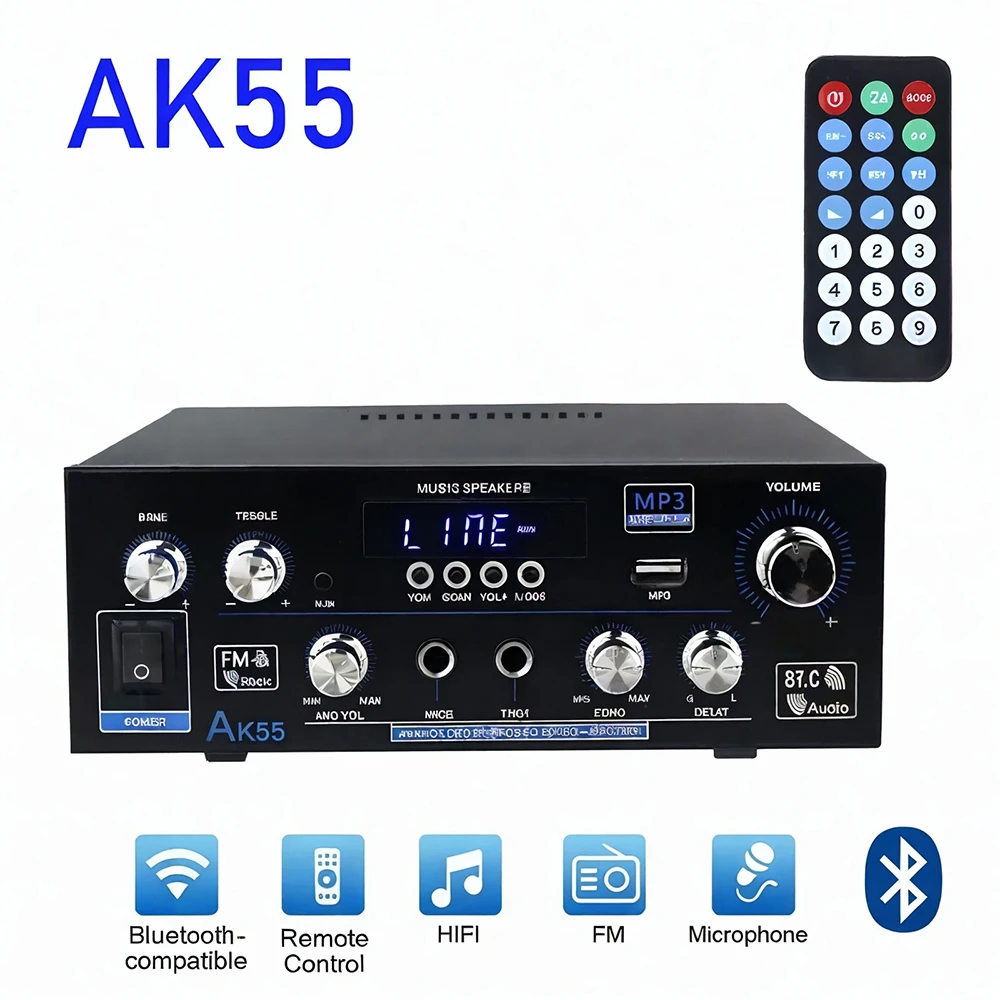 AK55 HiFi Digital Amplifier Channel 2.0 Bluetooth Surround Sound AMP Max Power 90Wx2 Speaker for Home Car BT 5.0 Audio AMP