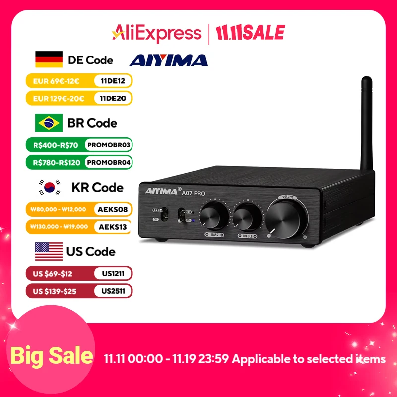 AIYIMA A07 PRO Bluetooth Amplifier TPA3255 QCC304X Stereo 2.0 Channel 300Wx2 Power Digital Amplifier RCA APT-X Home Sound AMP