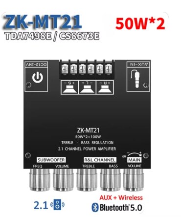 ZK-MT21 Digital Power Amplifier Board 2x50W+100W 2.1 Channel Subwoofer AUX 12V 24V Audio Stereo Bluetooth 5.0 Bass Amplifier