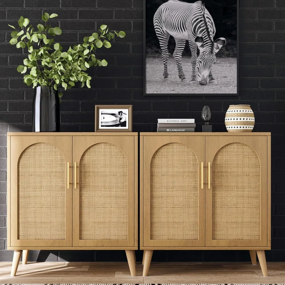 Pair of Wicker Storage Cabinets with Doors, Stylish Bathroom Floor Cabinet, Contemporary Sideboard Buffet for Living Room and En