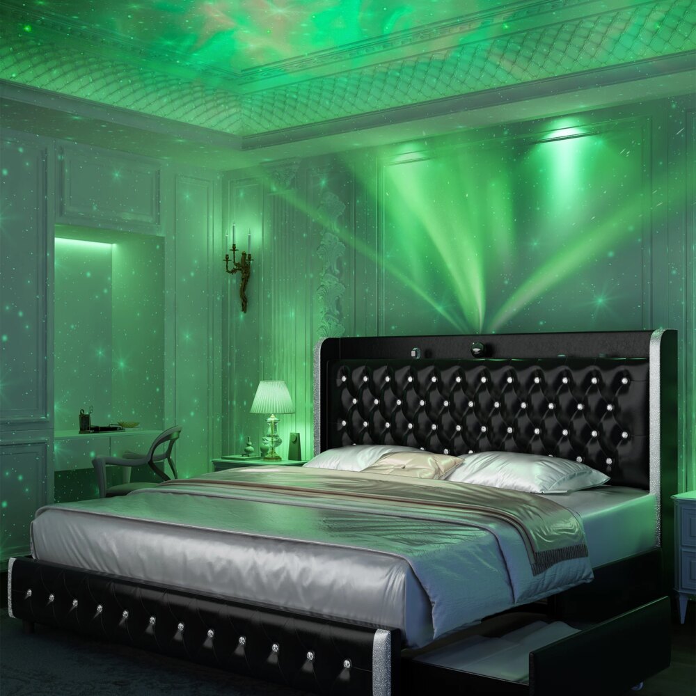 GEGOFORU Queen LED Bed Frame with Galaxy Projector, Bluetooth Speaker, USB Ports, 4 Drawers, No Box Spring Needed, PU Black