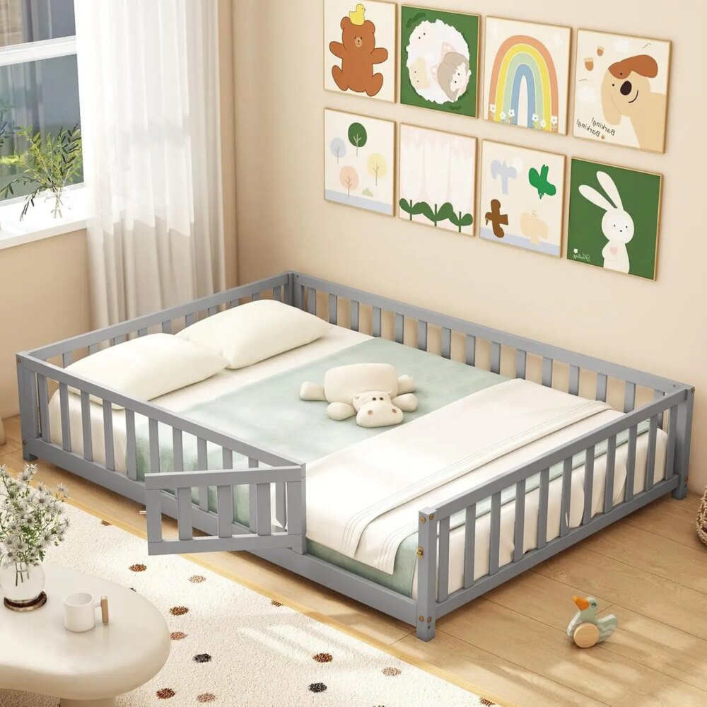Full Size Kids Floor Bed, Wood Slats & Safety Guardrails, Solid Wood with Fence - Grey