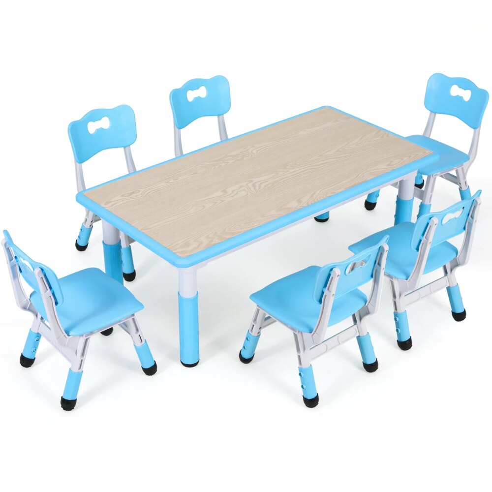 Homfa Rectangle Kids Table with 6 Chairs Set, Height Adjustable Toddler Multi Activity Table Set, Arts&Crafts Desk for 2-10 old