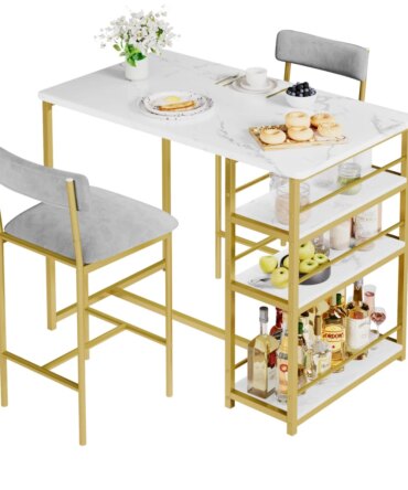 2-Person Dining Table Set,Bar Table with 2 Upholstered Chairs &3 Storage Shelves Small Space Kitchen Table for Apartment,Pub Sty