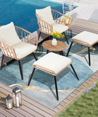 5 Piece Patio Furniture Set, Outdoor Wicker Small Conversation Bistro Set, All-Weather PE Rattan Chairs with Ottoman & Coffee Ta