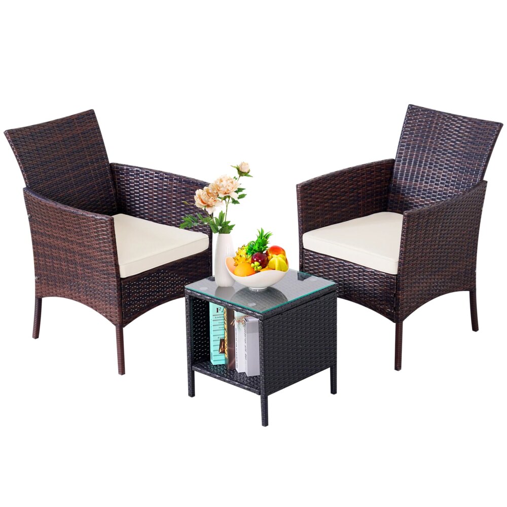 NAGA BAHNA 3-Piece Bistro Set Outdoor Patio Furniture Rattan Chairs Table Soft Cmats Tempered Glass Durable Comfortable Garden
