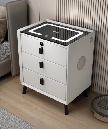 3 Drawers Smart Bedside Table with Wireless Charging Solid Wood Bedroom End Table with Fingerprints Lock Hotel Nightstands