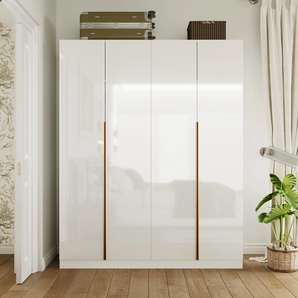 FUFU&GAGA High Gloss Armoire Wardrobe with 4 Doors, Modern Clothes Cabinet Standing Closet with Shelves for Bedroom, Cloakroom