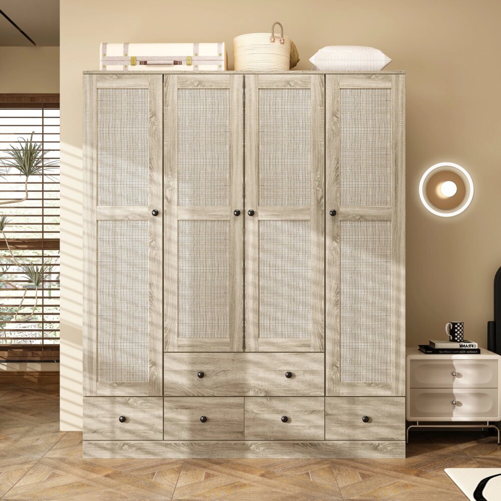 FUFU&GAGA Rattan Wardrobe Armoire with Doors & 5 Drawers, Farmhouse Standing Coat Closet with Solid Wood Handles for Bedroom