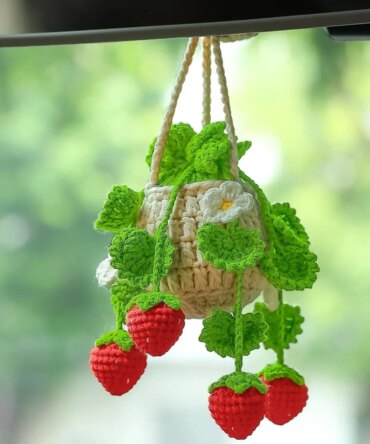Car Plant Crochet Hanging Basket, Plant Strawberry Hanging Plant for Car Decor, Car Ornaments Charms for Rear View Mirror