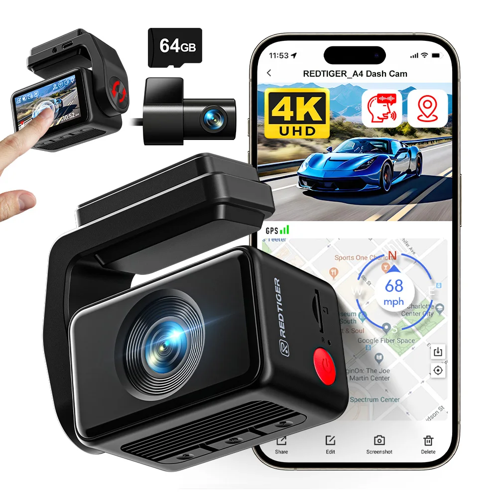 REDTIGER Dash Camera Front and Rear 4k Dash Cam Drive Recorder for WiFi GPS Car Dvr for 24H Parking Mode Black Box for Car