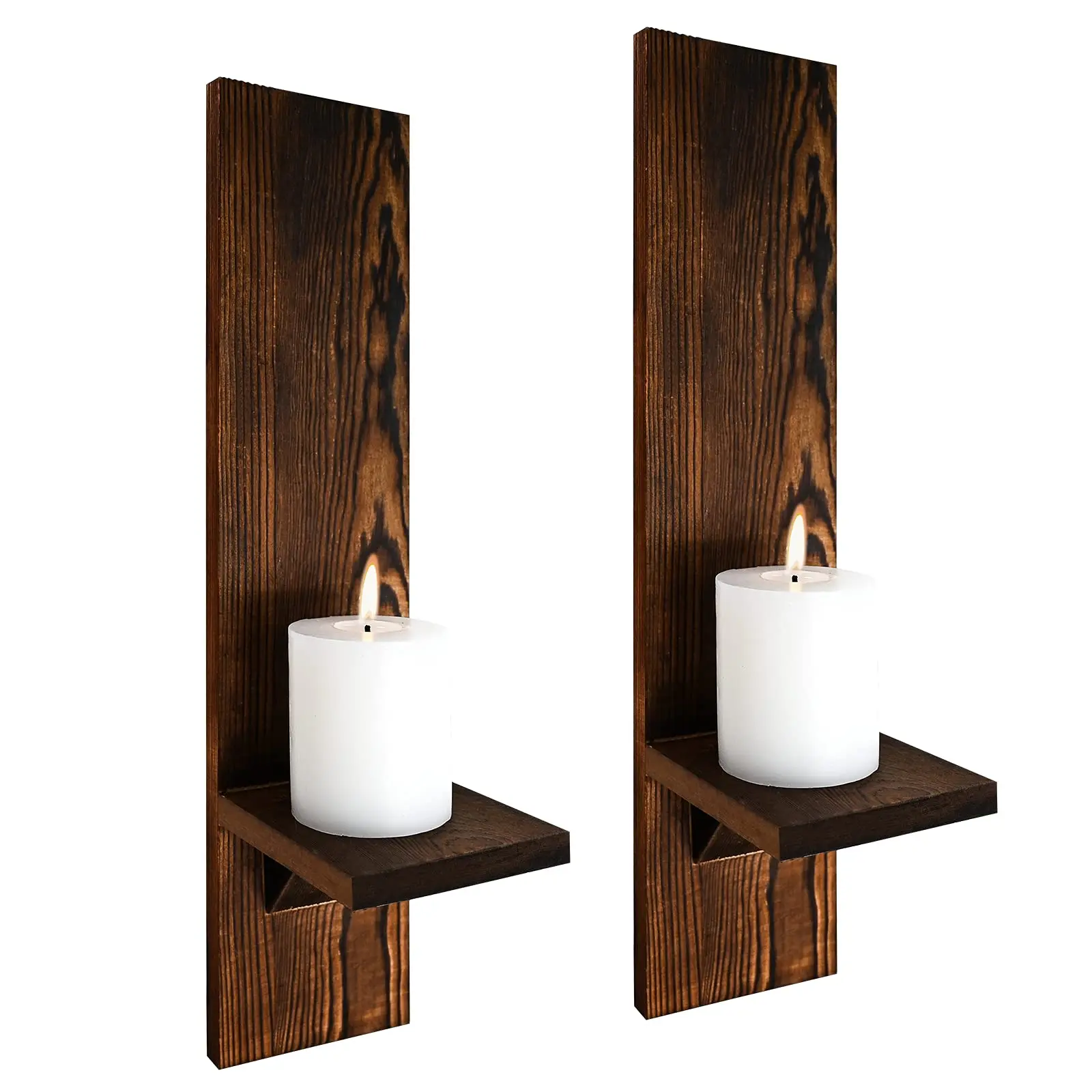 Set of 2 Wooden Wall Candle Sconces Rustic Wall Mount Wood Pillar Candle Sconces for Living Room Vintage Wall Candle Holders - Image 2