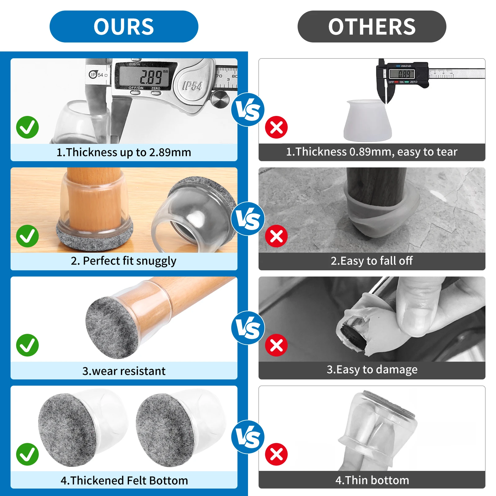 16PCS Chair Leg Floor Protectors Silicone Non-Slip Furniture Legs Caps 360°Thickened Felt Pad Bottom Wrapped for Hardwood Floors - Image 3