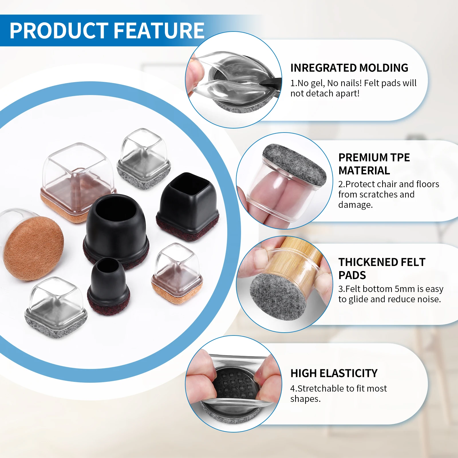 16PCS Chair Leg Floor Protectors Silicone Non-Slip Furniture Legs Caps 360°Thickened Felt Pad Bottom Wrapped for Hardwood Floors - Image 4