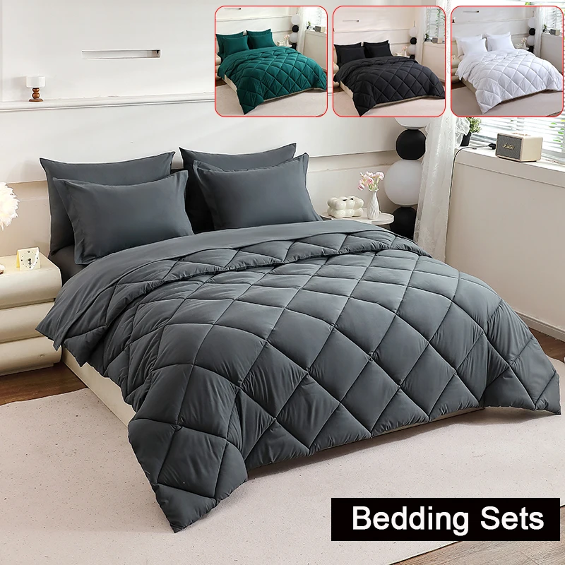 Bedding Set Reversible Solid Comforter All Seasons Double Brushed Microfiber 7 Piece Queen Cover Combo 5 Piece Twin Duvet