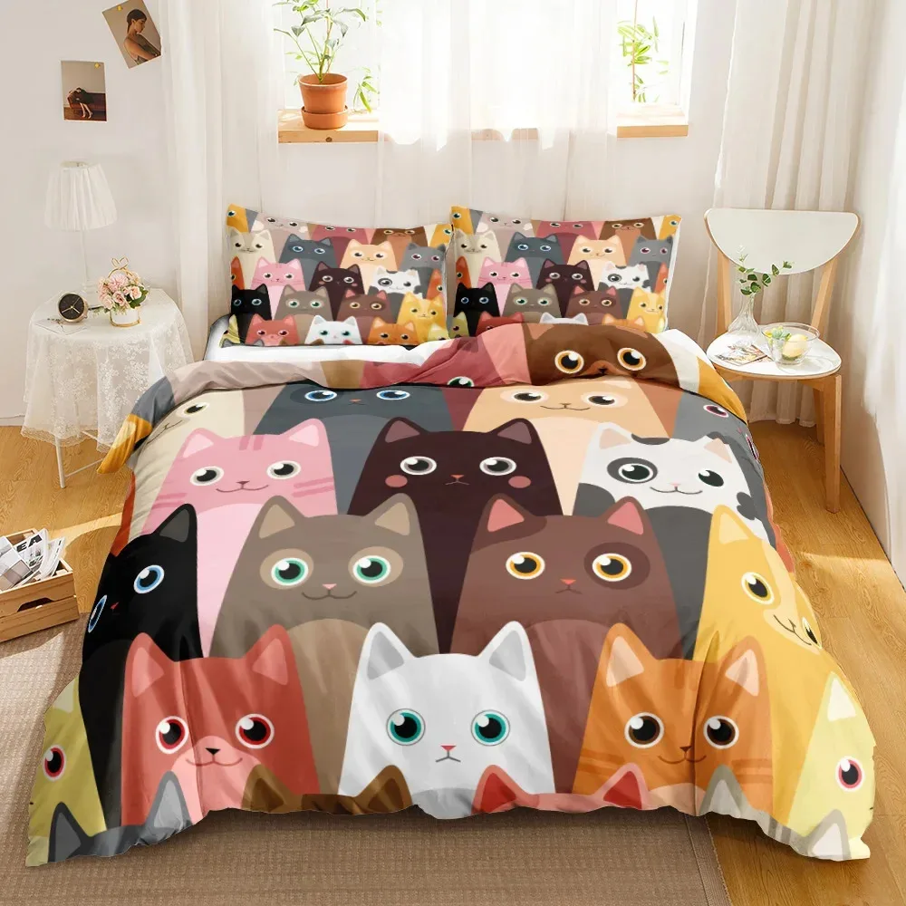 3PCS Single-sided Printed Bedding Set ,Comforter Cartoon Cute Cat Duvet Bedding Cover Pillows Comfortable Bedspreads Bedding Set - Image 3