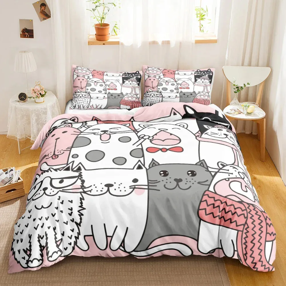 3PCS Single-sided Printed Bedding Set ,Comforter Cartoon Cute Cat Duvet Bedding Cover Pillows Comfortable Bedspreads Bedding Set - Image 4