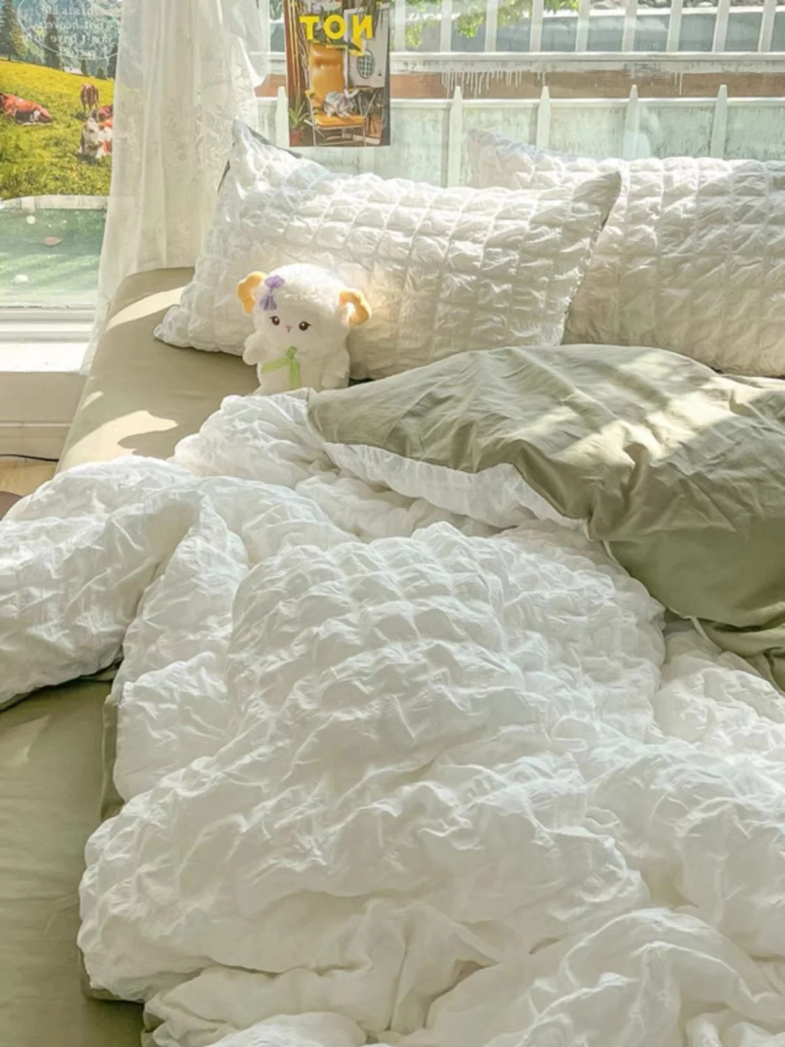 Princess Bedding Set French Style Wash Cotton Solid Color Seersucker Summer Soft 2024New Bed Sheet Set Comforter Set - Image 4