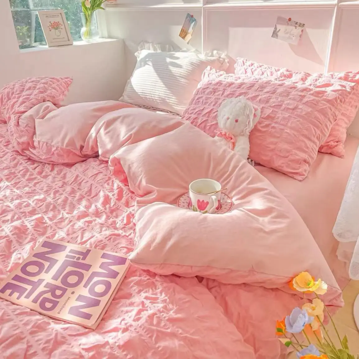 Princess Bedding Set French Style Wash Cotton Solid Color Seersucker Summer Soft 2024New Bed Sheet Set Comforter Set - Image 5