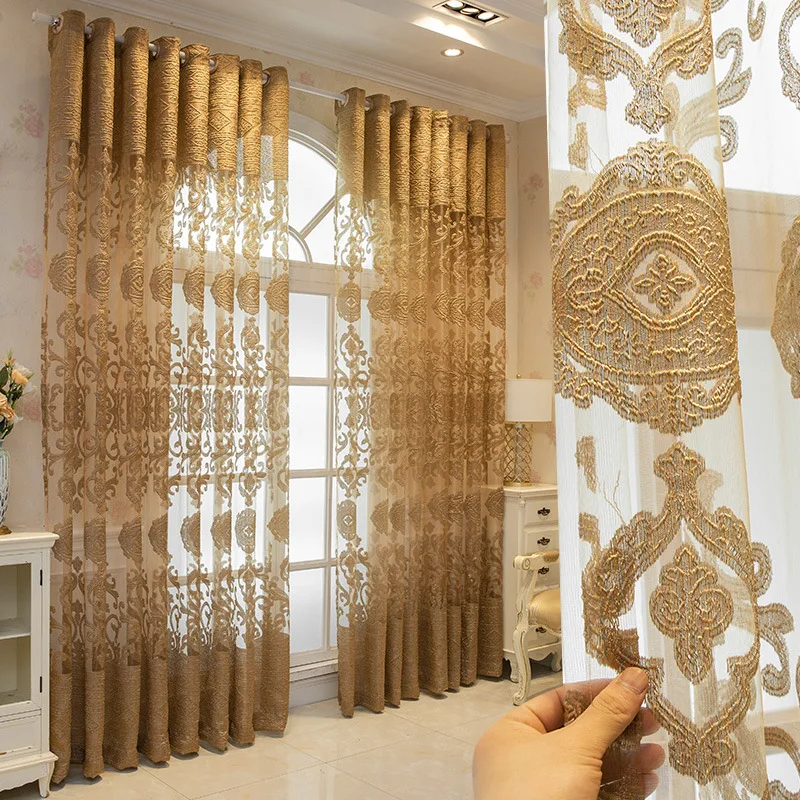 Modern Minimalist Jacquard Golden Sheer Curtains For Luxurious Living Room,Bedroom, High-end Dust-Proof Partition Tulle Curtains