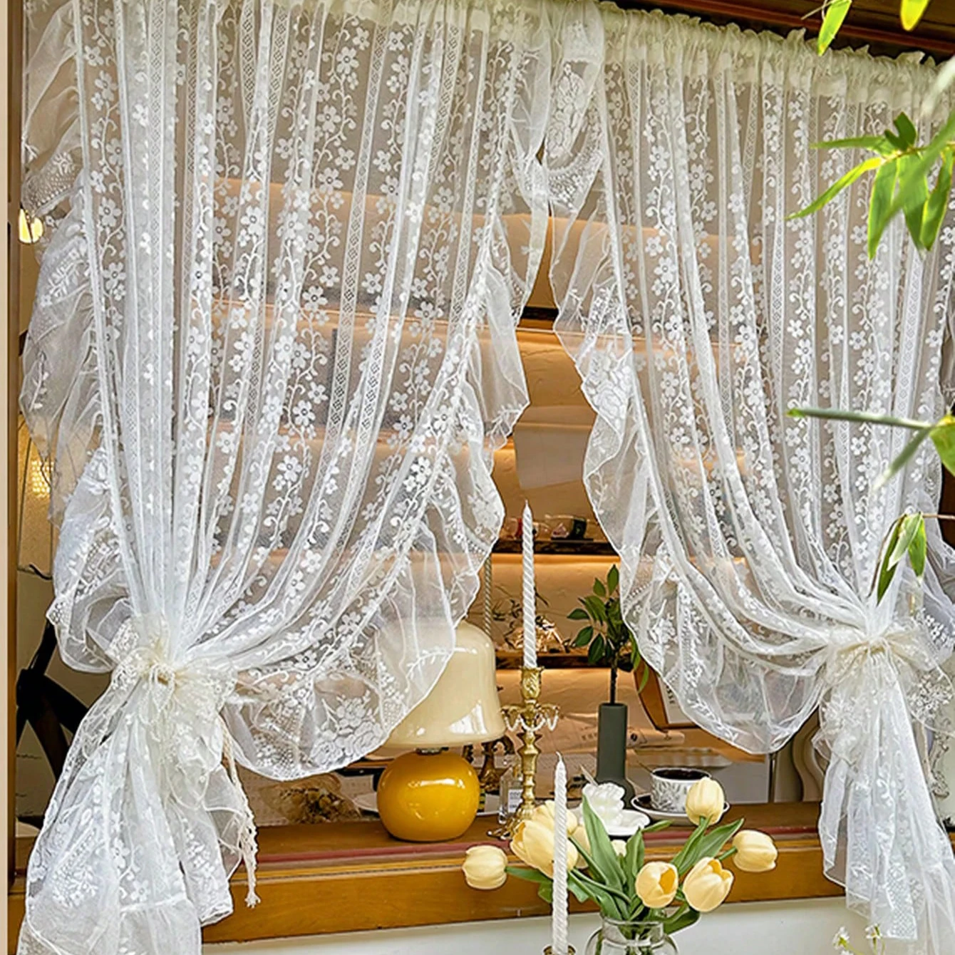 2PC White Embroidered Lace Curtain, French Romantic Ruffled Voile Rod Pocket, Light Filtering Floral Sheer Curtains for Bedroom - Image 5