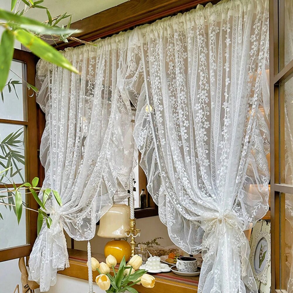 2PC White Embroidered Lace Curtain, French Romantic Ruffled Voile Rod Pocket, Light Filtering Floral Sheer Curtains for Bedroom