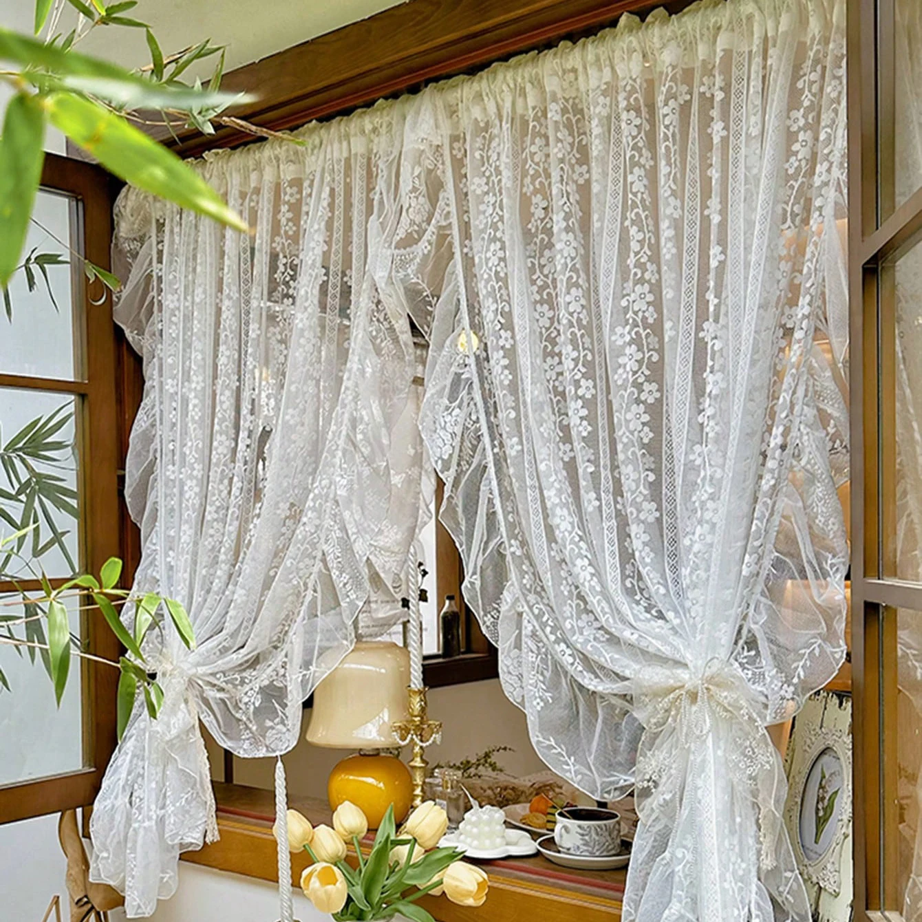2PC White Embroidered Lace Curtain, French Romantic Ruffled Voile Rod Pocket, Light Filtering Floral Sheer Curtains for Bedroom