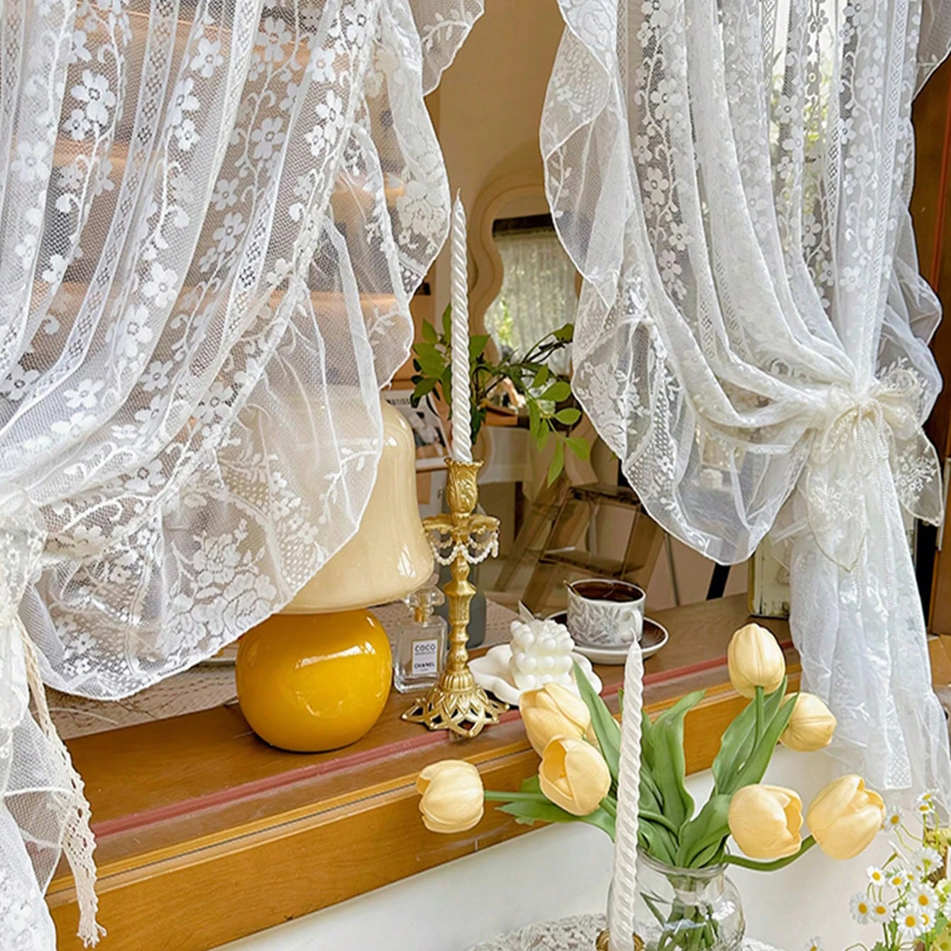 2PC White Embroidered Lace Curtain, French Romantic Ruffled Voile Rod Pocket, Light Filtering Floral Sheer Curtains for Bedroom - Image 3