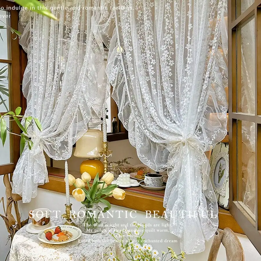 2PC White Embroidered Lace Curtain, French Romantic Ruffled Voile Rod Pocket, Light Filtering Floral Sheer Curtains for Bedroom - Image 4