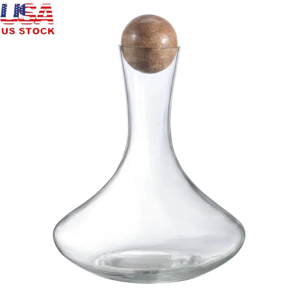 Glass Wine Decanter with Wooden Sphere Stopper Handmade Elegant Table Display Perfect Decanting Enhances Flavor 85 oz Capacity