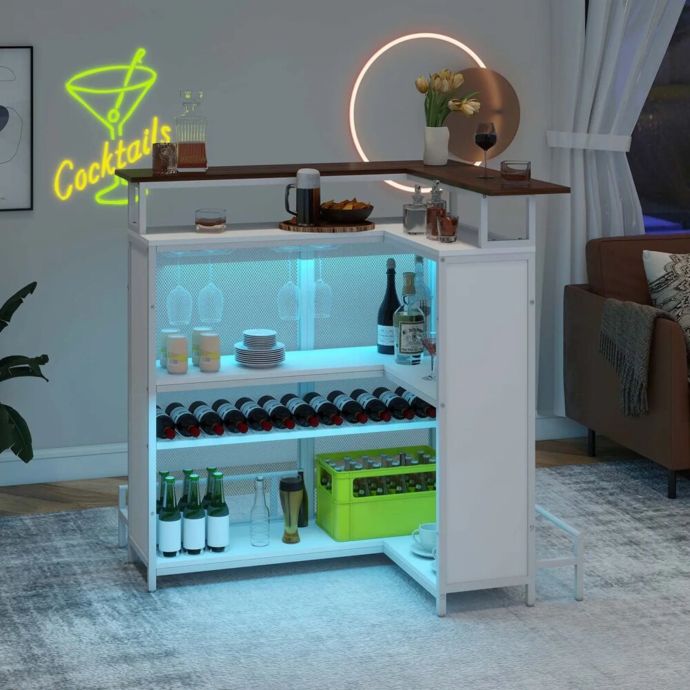 L Shaped Mini Home Bar Unit Wine Rack Glasses Hanger with Music Sensing LED Ligh