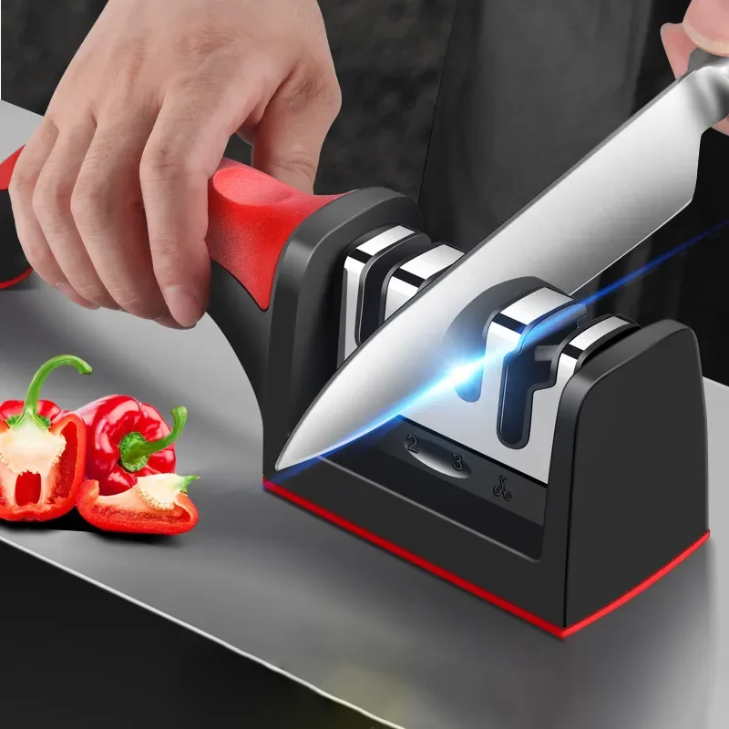 Knife Sharpener Handheld Multi-function 3 Stages Type Quick Sharpening Tool With Non-slip Base Kitchen Gadget Knives Accessories