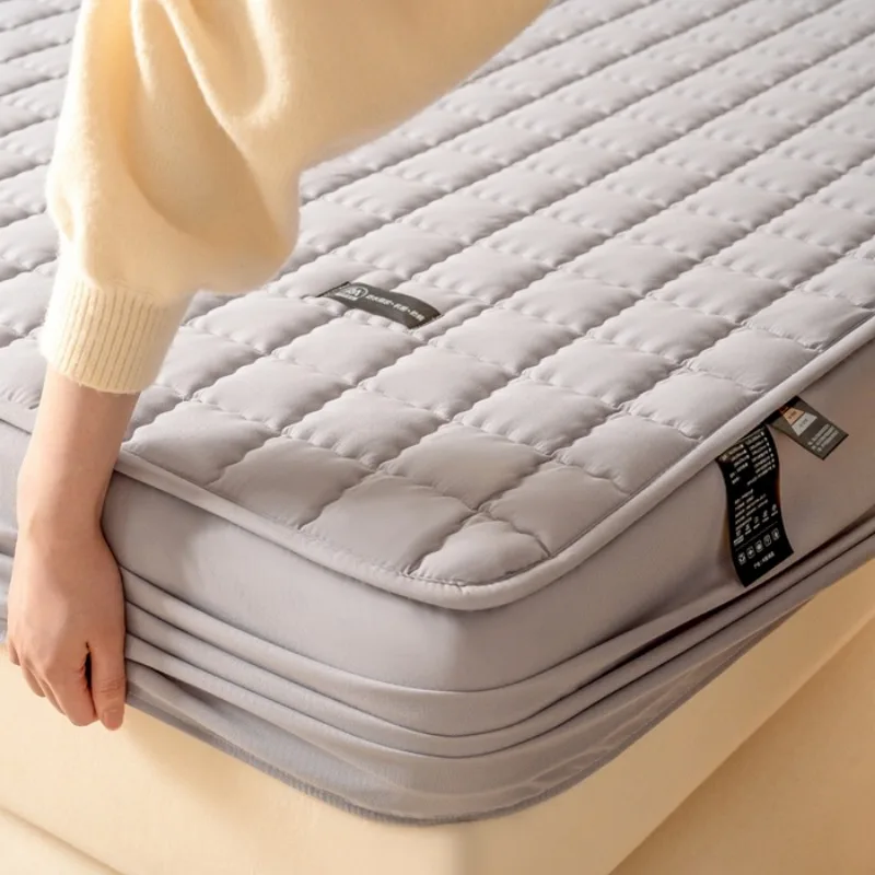 2025 new solid color soybean antibacterial padded cotton waterproof fitted sheet mattress protective cover without pillowcase - Image 3
