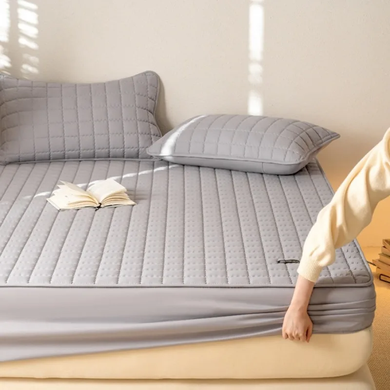 2025 new solid color soybean antibacterial padded cotton waterproof fitted sheet mattress protective cover without pillowcase - Image 6