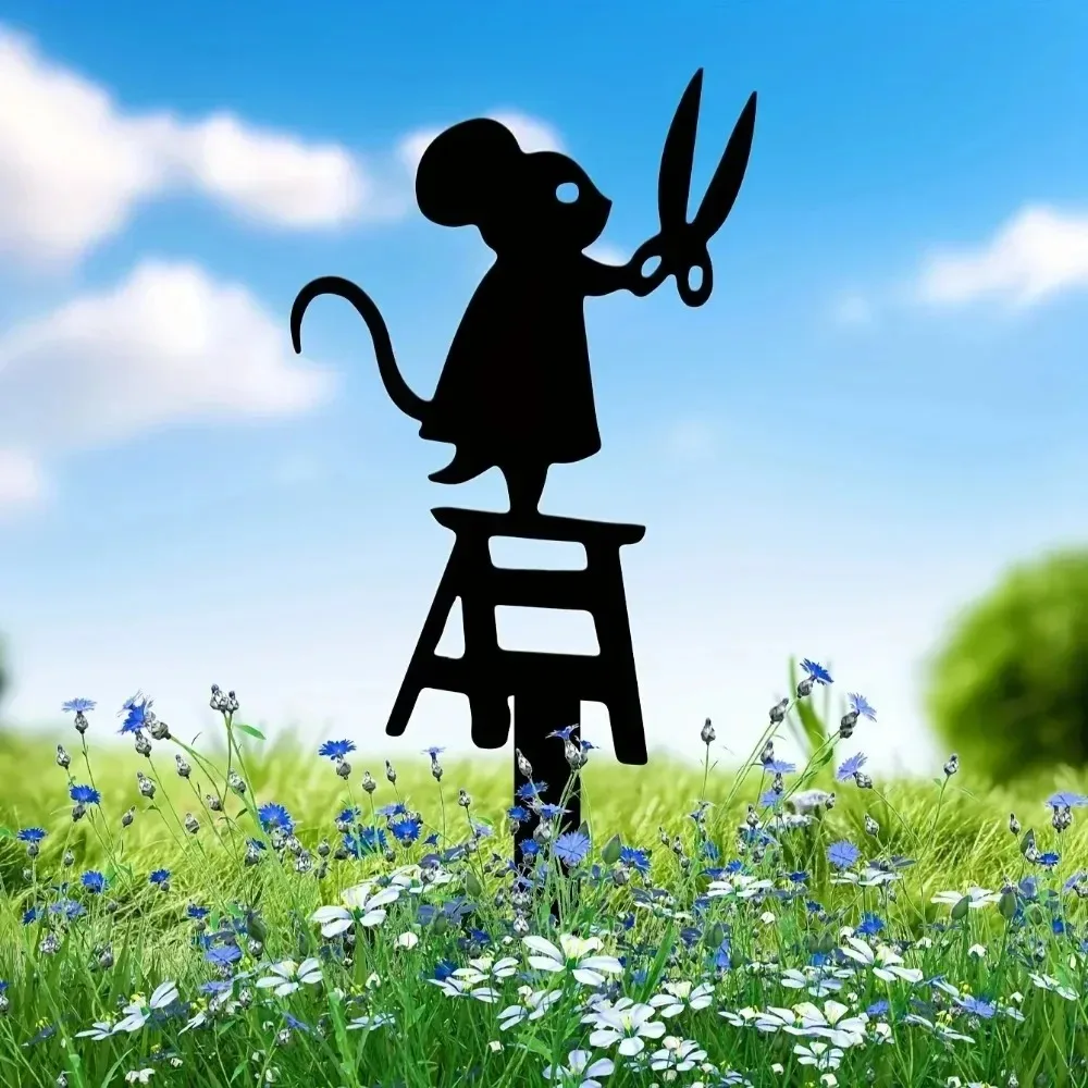 1pc silhouette metal garden post with scissors mouse design, art deco lawn sign, creative animal sculpture decorations