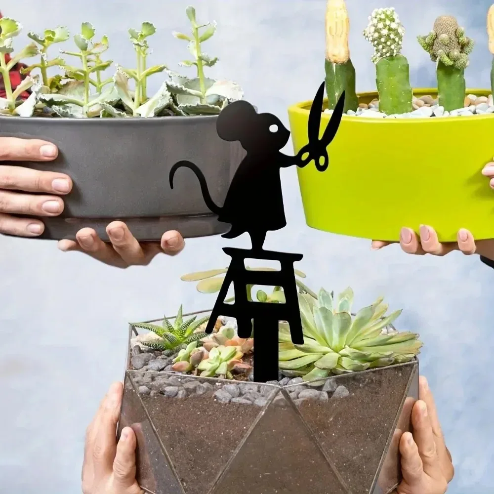 1pc silhouette metal garden post with scissors mouse design, art deco lawn sign, creative animal sculpture decorations - Image 5