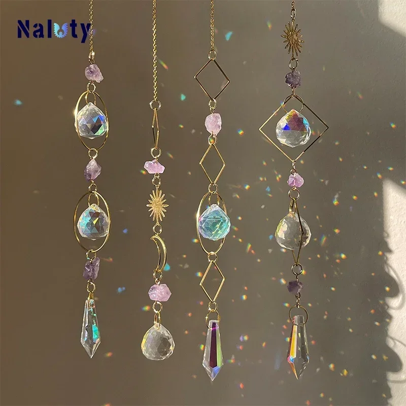 Hanging Crystal Pendant Garden Suncatcher Wind Chimes Rainbow Prism Crystal Chain for Window Drop Bell Christmas Tree Home Decor