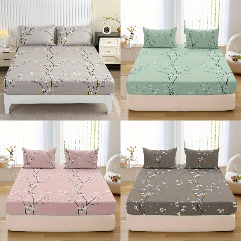 3pcs Printed Pattern Fitted Sheet Set, (1* Fitted Sheet + 2* Pillowcases, Without Core)